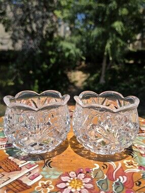 VTG Pair 24% Crystal Votive Candle Holders Tulip Scallop Edge Cut Glass Bowls